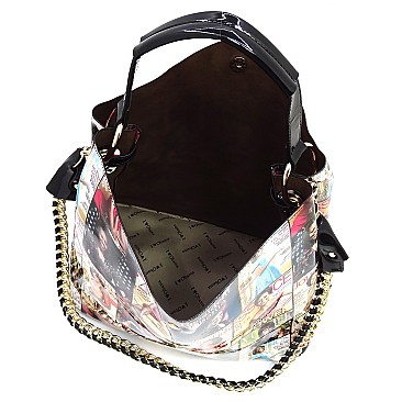 2-in-1 Magazine Cover Collage Bucket Shoulder Bag Hobo Set