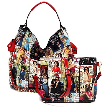 2-in-1 Magazine Cover Collage Bucket Shoulder Bag Hobo Set