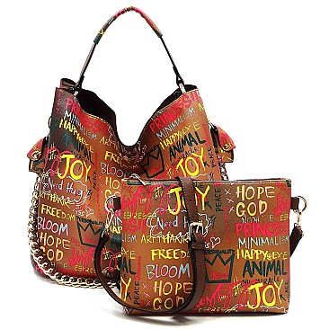 Fashionable Multi Graffiti 2-in-1 Bucket Shoulder Bag Hobo Set