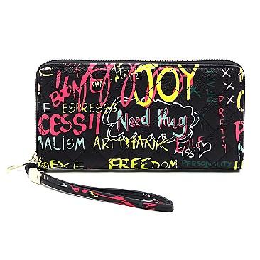 Trendy Multi Graffiti Quilted Zip Around Wallet Wristlet