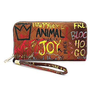 Trendy Multi Graffiti Quilted Zip Around Wallet Wristlet