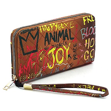 Trendy Multi Graffiti Quilted Zip Around Wallet Wristlet