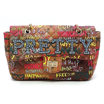 Quilted Graffiti Bag with Crystal Stonned word "PRETTY"