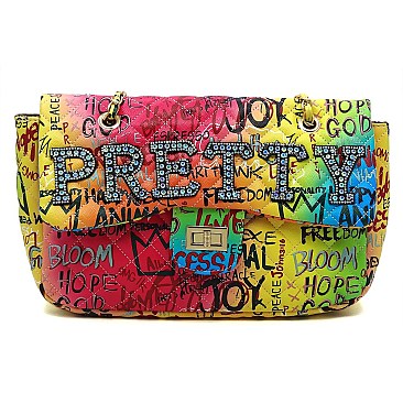 Quilted Graffiti Bag with Crystal Stonned word "PRETTY"