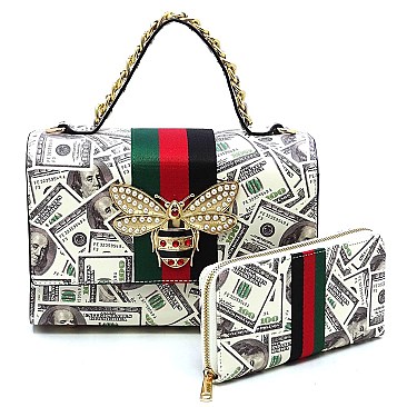 100 Dollar Bills C-Notes Queen Bee Stripe 2-in-1 Boxy Satchel