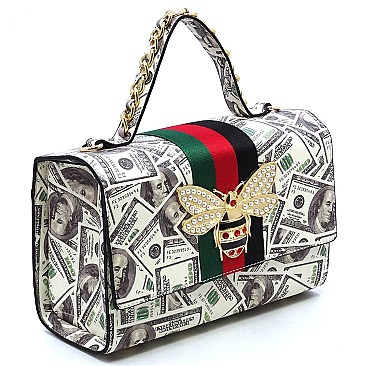 100 Dollar Bills C-Notes Queen Bee Stripe 2-in-1 Boxy Satchel