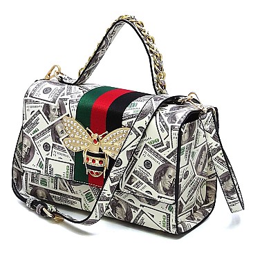 100 Dollar Bills C-Notes Queen Bee Stripe 2-in-1 Boxy Satchel