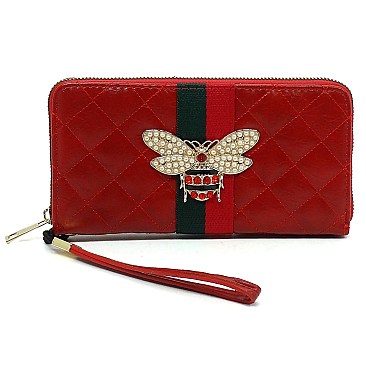 Stylish Queen Bee Stripe Quilted Zip Around Wallet Wristlet