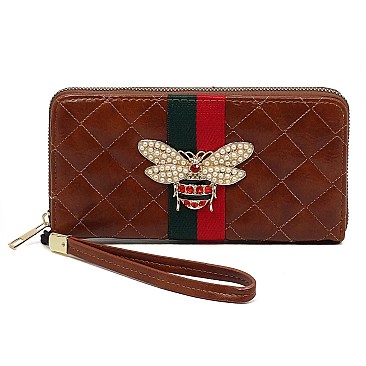 Stylish Queen Bee Stripe Quilted Zip Around Wallet Wristlet