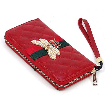 Stylish Queen Bee Stripe Quilted Zip Around Wallet Wristlet