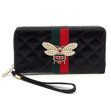 Stylish Queen Bee Stripe Quilted Zip Around Wallet Wristlet