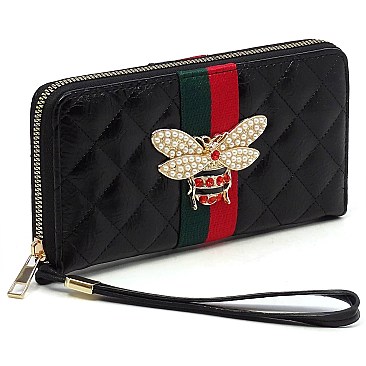 Stylish Queen Bee Stripe Quilted Zip Around Wallet Wristlet