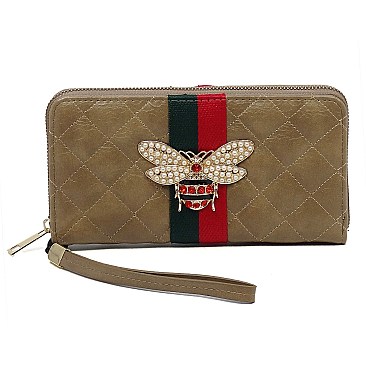 Stylish Queen Bee Stripe Quilted Zip Around Wallet Wristlet