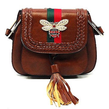 Trendy Bee Stripe Tassel Saddle Crossbody Bag