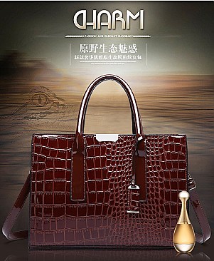 Croc Alligator Patent Brief Satchel Bag