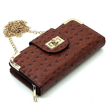 Ostrich Turn Lock Crossbody Wallet