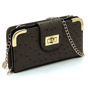 Ostrich Turn Lock Crossbody Wallet