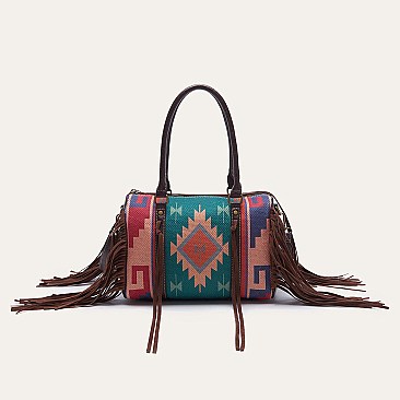 Fringed African Ethnic Print Boston Satchel Bags