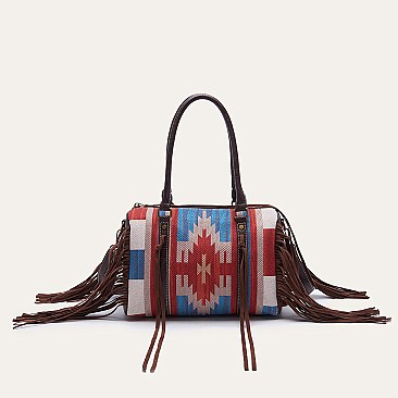 Fringed African Ethnic Print Boston Satchel Bags