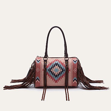 Fringed African Ethnic Print Boston Satchel Bags