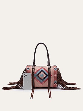 Fringed African Ethnic Print Boston Satchel Bags