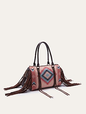 Fringed African Ethnic Print Boston Satchel Bags