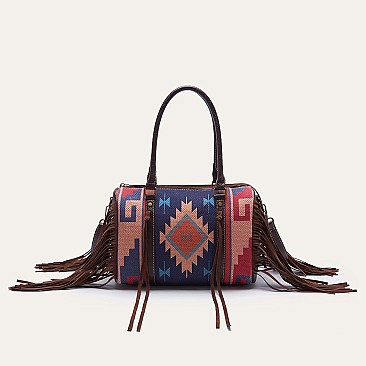 Fringed African Ethnic Print Boston Satchel Bags