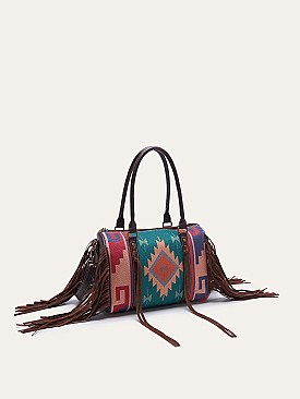 Fringed African Ethnic Print Boston Satchel Bags