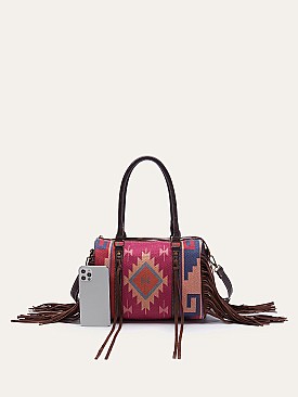 Fringed African Ethnic Print Boston Satchel Bags