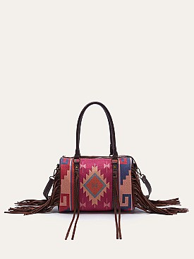 Fringed African Ethnic Print Boston Satchel Bags