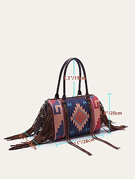 Fringed African Ethnic Print Boston Satchel Bags