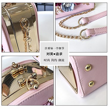 3D Flower & Pearl Design Metal Frame Satchel