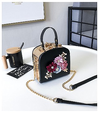 3D Flower & Pearl Design Metal Frame Satchel