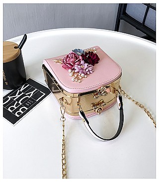 3D Flower & Pearl Design Metal Frame Satchel