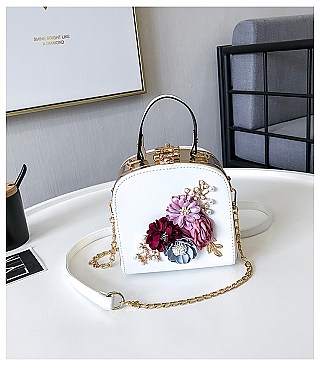 3D Flower & Pearl Design Metal Frame Satchel