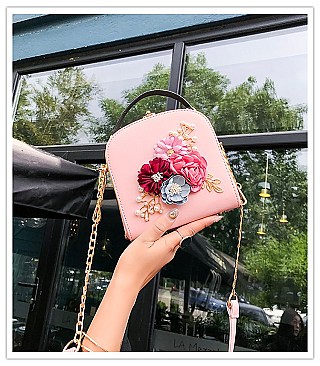 3D Flower & Pearl Design Metal Frame Satchel