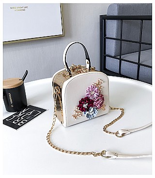 3D Flower & Pearl Design Metal Frame Satchel