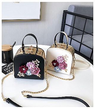 3D Flower & Pearl Design Metal Frame Satchel