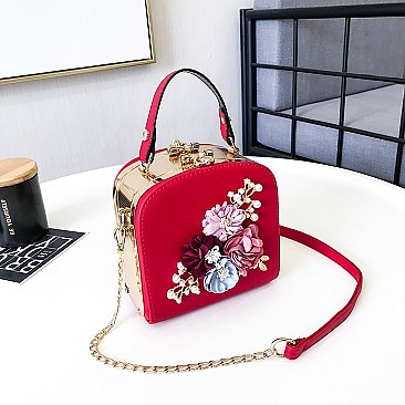 3D Flower & Pearl Design Metal Frame Satchel