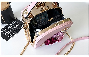 3D Flower & Pearl Design Metal Frame Satchel