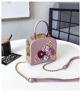 3D Flower & Pearl Design Metal Frame Satchel