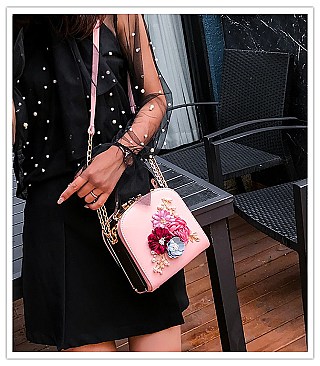 3D Flower & Pearl Design Metal Frame Satchel