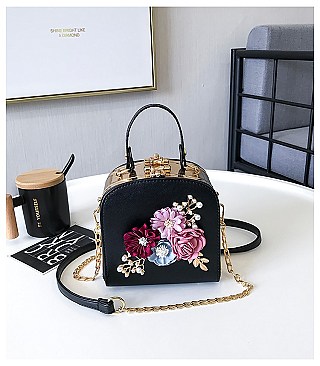 3D Flower & Pearl Design Metal Frame Satchel