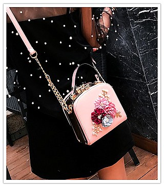 3D Flower & Pearl Design Metal Frame Satchel