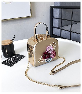 3D Flower & Pearl Design Metal Frame Satchel