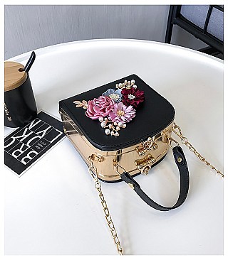 3D Flower & Pearl Design Metal Frame Satchel