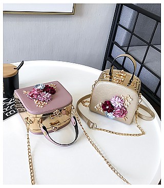 3D Flower & Pearl Design Metal Frame Satchel