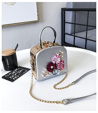 3D Flower & Pearl Design Metal Frame Satchel