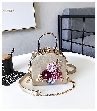 3D Flower & Pearl Design Metal Frame Satchel