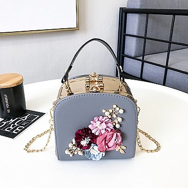 3D Flower & Pearl Design Metal Frame Satchel